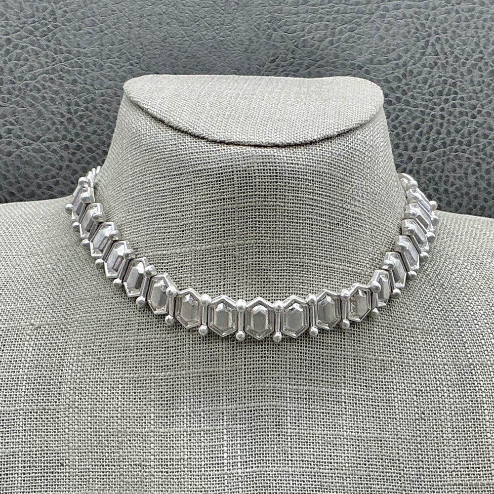 Lulus Necklace Silver Hexagon Choker Lobster Womens Statement Fashion Jewelry